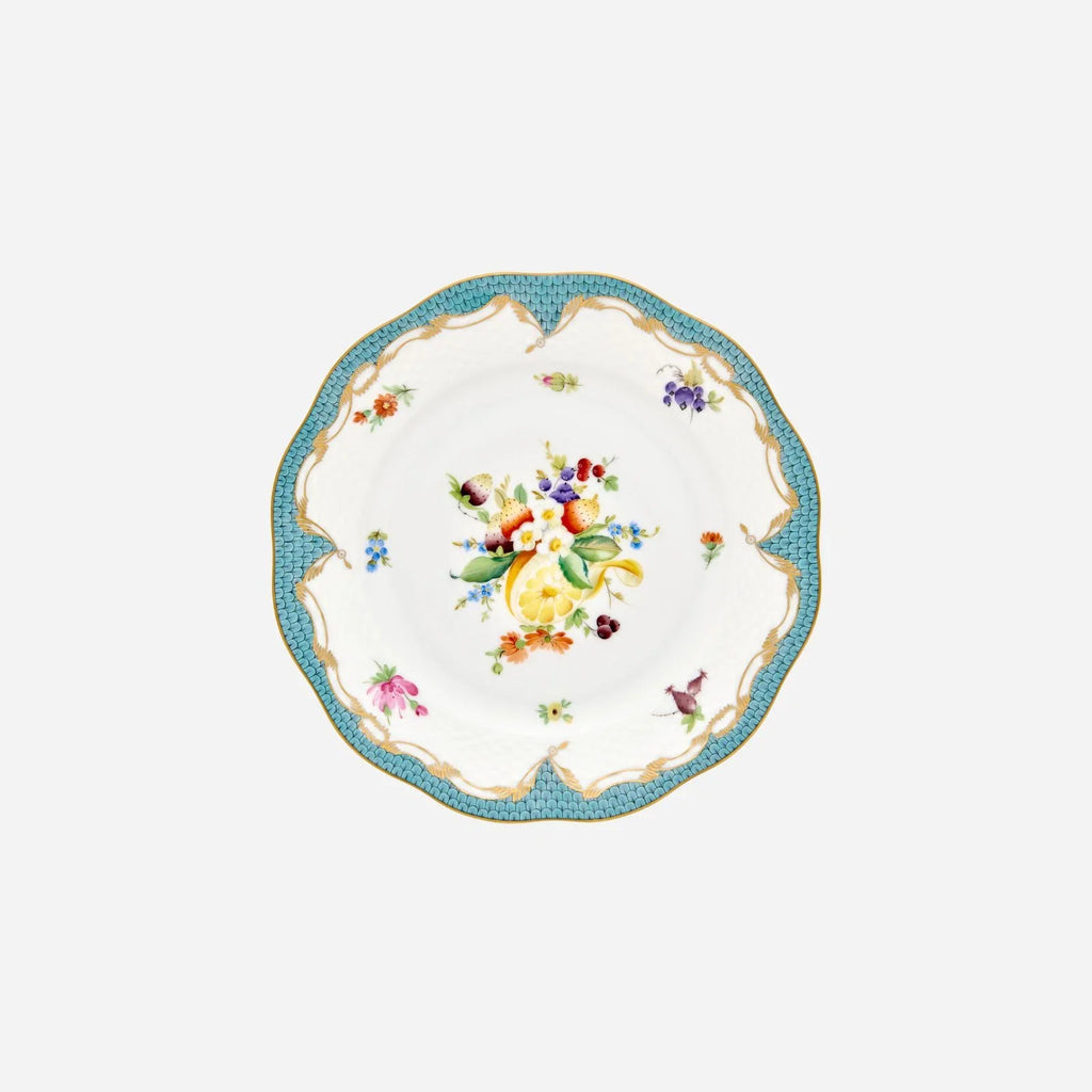 Assiette à dessert or « Écailles de poisson bleu » et fleurs 21 cm