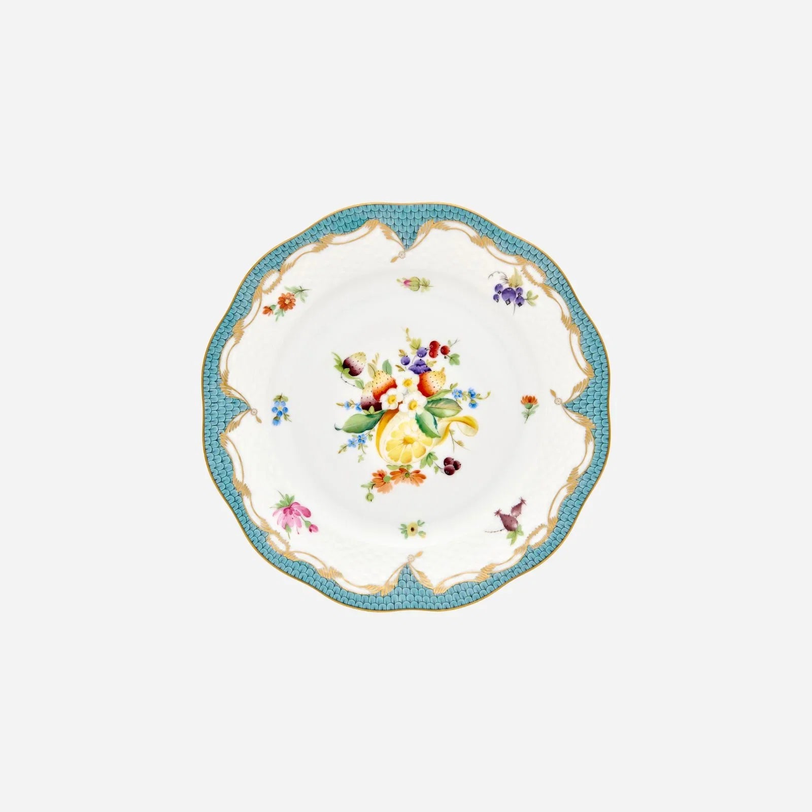 Assiette à dessert or « Écailles de poisson bleu » et fleurs 21 cm