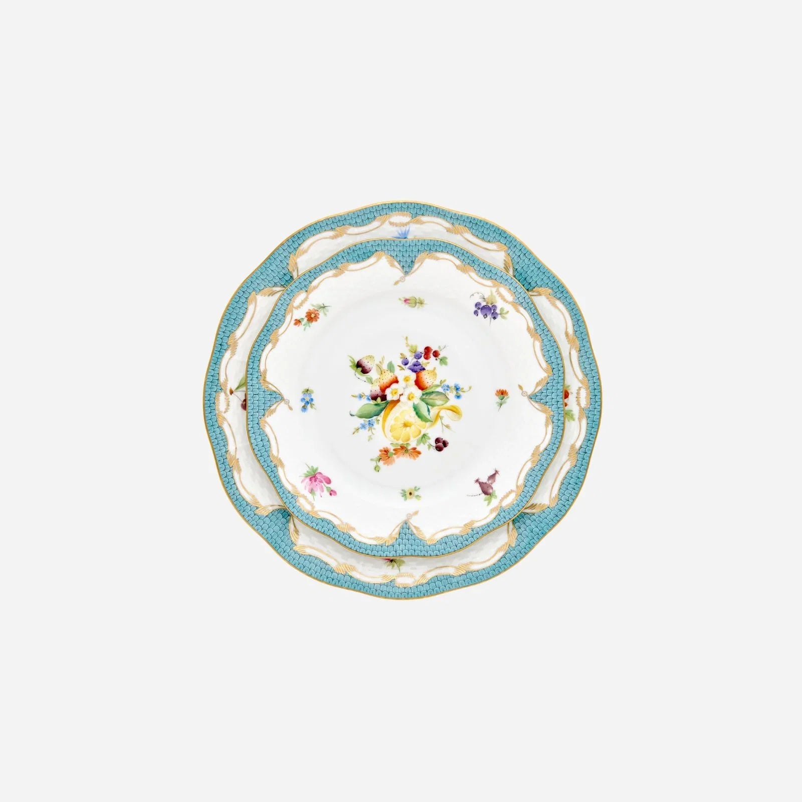 Assiette à dessert or « Écailles de poisson bleu » et fleurs 21 cm