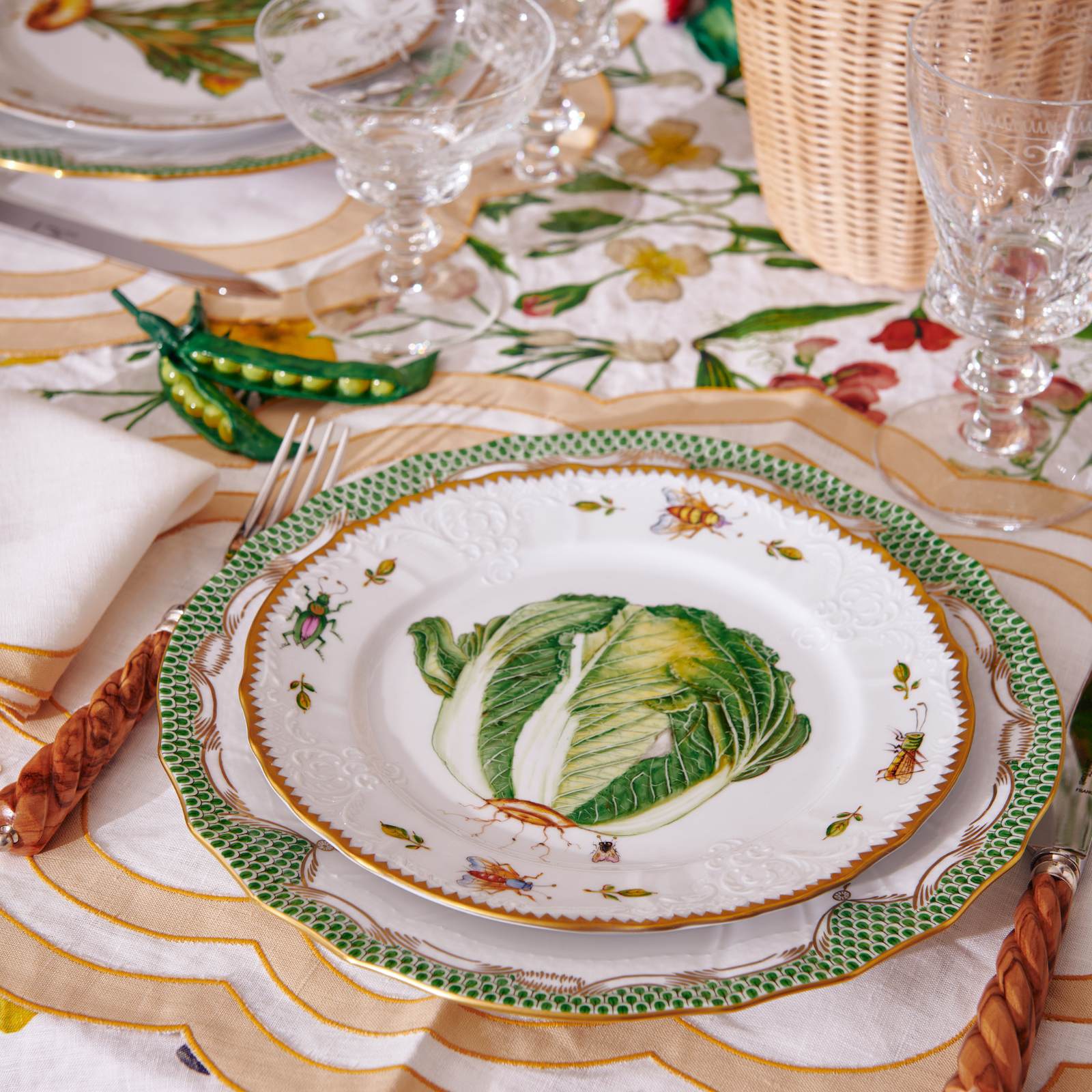 Assiette Dîner Écaille de Poisson Vert Jade Or 25,5cm